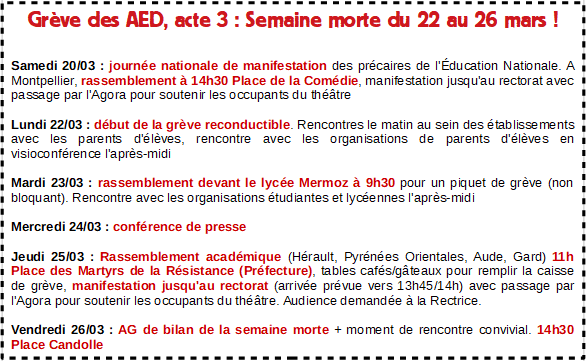 Grève des AED, acte 3 : Semaine morte du 22 au 26 mars !